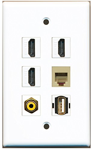 RiteAV - 3 HDMI 1 Port RCA Yellow 1 Port USB A-A 1 Port Phone RJ11 RJ12 Beige Wall Plate