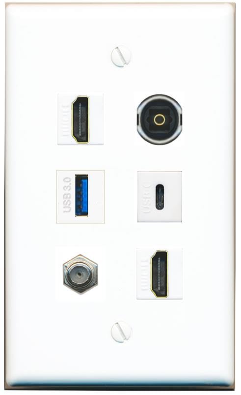 RiteAV Coax 2 HDMI TOSLINK USB-3 USBC Flat/Solid Wall Plate [White]
