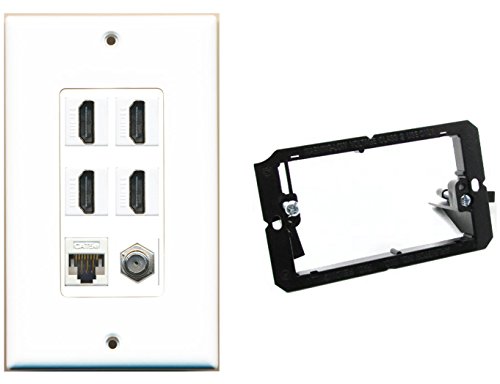 RiteAV Mounting Bracket and 1 Gang Decorative 4 HDMI Coax Cat5e Wall Plate White