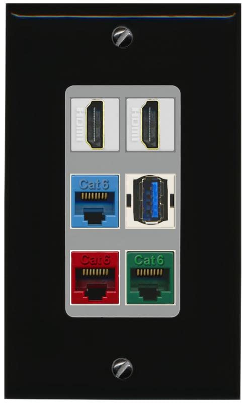 RiteAV 2 HDMI 3 Cat6 Ethernet USB3 Mixed Color Wall Plate - 1 Gang [Black/Gray]
