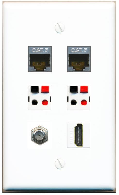 RiteAV 2 CAT7 COAX HDMI 2 SPEAKER Flat/Solid Wall Plate [White]