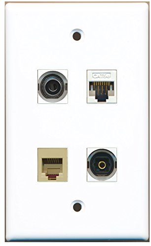 RiteAV - 1 Port Phone RJ11 RJ12 Beige 1 Port Toslink 1 Port 3.5mm 1 Port Cat5e Ethernet White Wall Plate