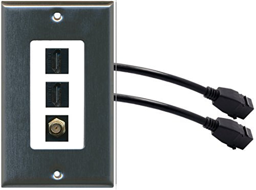 RiteAV (1 Gang Decorative 2 HDMI Black Coax Wall Plate w/Pigtail Extension Cable Stainless Steel on White