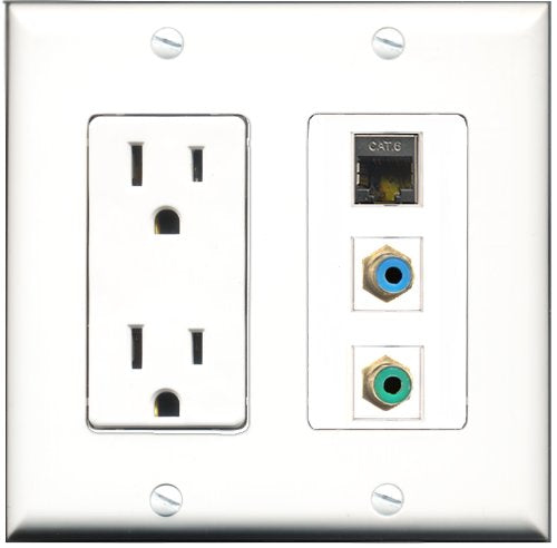 RiteAV - 15 Amp Power Outlet 1 Port RCA Green 1 Port RCA Blue 1 Port Shielded Cat6 Ethernet Ethernet Decorative Wall Plate