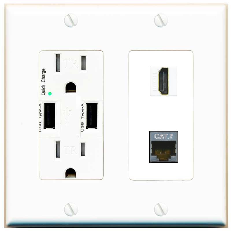 RiteAV HDMI and Cat7 Wall Plate - USB Charger [White/White]