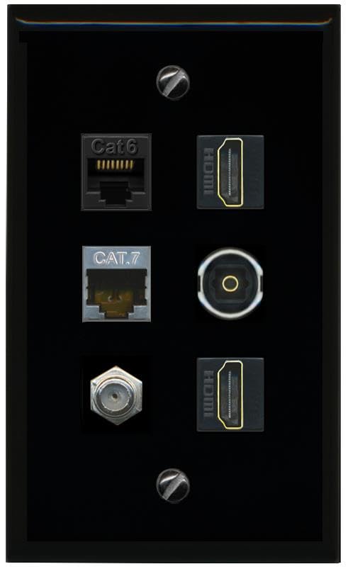 RiteAV CAT6 CAT7 Coax 2 HDMI TOSLINK Flat/Solid Wall Plate [Black]