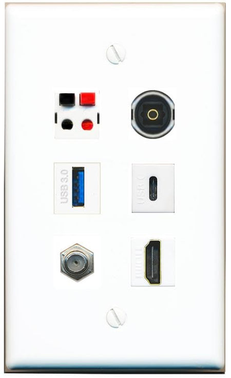 RiteAV COAX HDMI SPEAKER TOSLINK USB-3 USBC Flat/Solid Wall Plate [White]