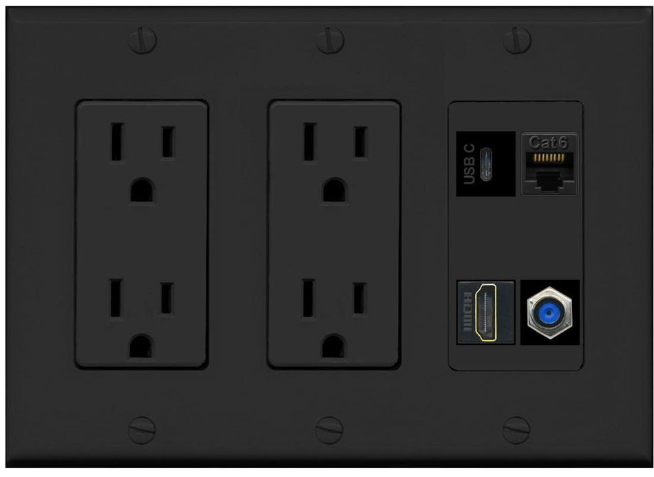 RiteAV USBC HDMI Cat6 Coax F81 Wall Plate - 3G Dual Outlet [Black/Black]