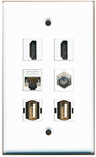 RiteAV - 2 HDMI 1 Port Coax Cable TV- F-Type 2 Port USB A-A 1 Port Cat5e Ethernet White Wall Plate