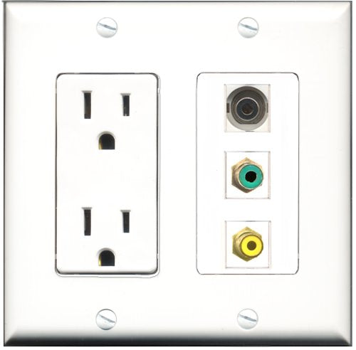 RiteAV - 15 Amp Power Outlet 1 Port RCA Yellow 1 Port RCA Green 1 Port 3.5mm Decorative Wall Plate