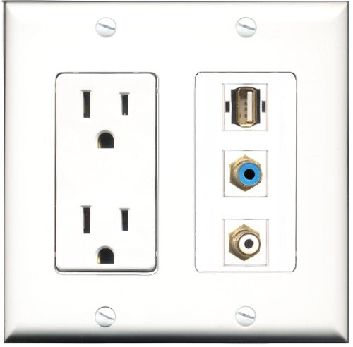 RiteAV - 15 Amp Power Outlet 1 Port RCA White 1 Port RCA Blue 1 Port USB A-A Decorative Wall Plate