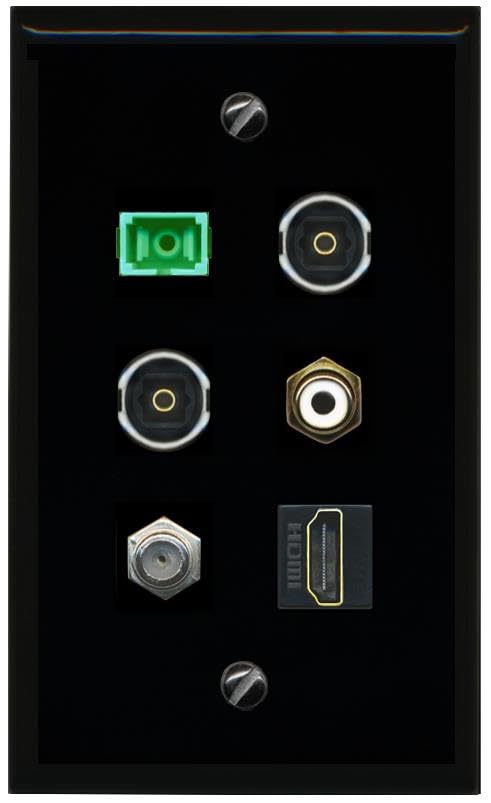RiteAV Coax HDMI RCA White SC APC Simplex Fiber 2 TOSLINK Flat/Solid Wall Plate [Black]