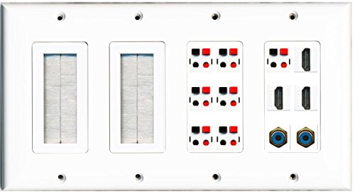 RiteAV (4 Gang 2 Mesh-Brush 3 HDMI 2 RCA Blue 7 Speaker Jack Wall Plate White