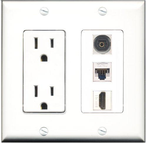 RiteAV - 15 Amp Power Outlet 1 Port HDMI 1 Port Toslink 1 Port Cat5e Ethernet White Decorative Wall Plate