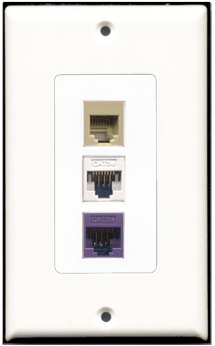 RiteAV 1 Port Phone RJ11 RJ12 Beige 1 Cat5e Ethernet White 1 Cat5e Ethernet Purple Wall Plate OVERSIZED