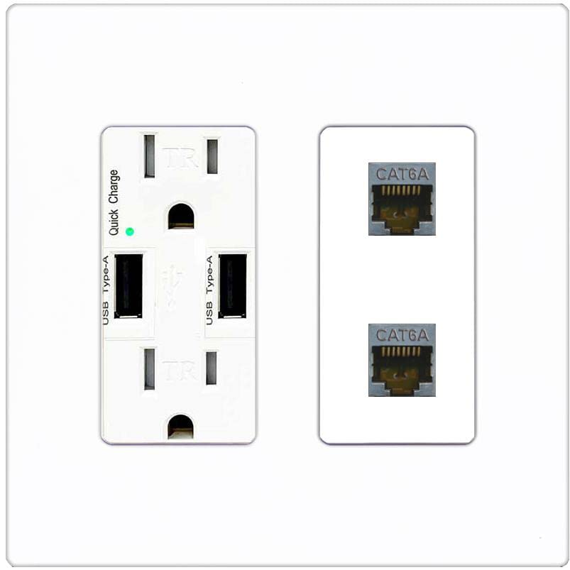 RiteAV 2 Port Cat6A Wall Plate - USB Charger [Screwless White]
