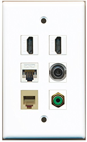 RiteAV - 2 HDMI 1 Port RCA Green 1 Port Phone RJ11 RJ12 Beige 1 Port 3.5mm 1 Port Cat5e Ethernet White Wall Plate