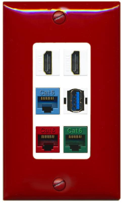 RiteAV 2 HDMI 3 Cat6 Ethernet USB3 Mixed Color Wall Plate - 1 Gang [Red/White]