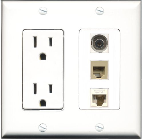 RiteAV - 15 Amp Power Outlet 1 Port Phone Beige 1 Port 3.5mm 1 Port Cat6 Ethernet Ethernet White Decorative Wall Plate