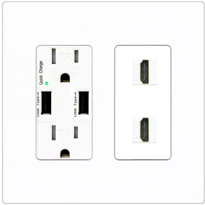 RiteAV HDMI Wall Plate 2 Port - USB Charger [Screwless White]