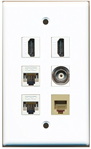 RiteAV - 2 HDMI 1 Port Phone RJ11 RJ12 Beige 1 Port BNC 2 Port Cat5e Ethernet White Wall Plate