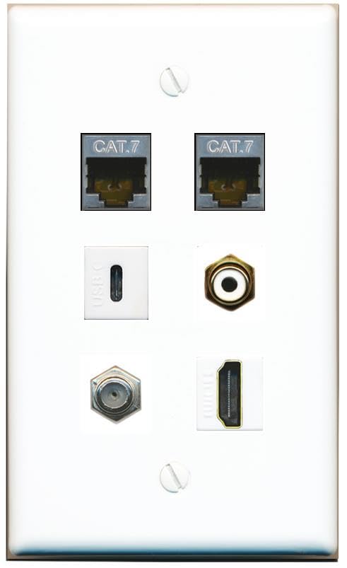 RiteAV 2 CAT7 Coax HDMI RCA-White USBC Flat/Solid Wall Plate [White]