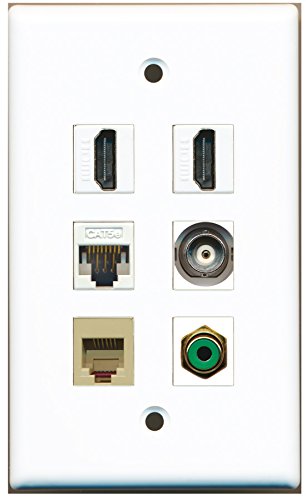 RiteAV - 2 HDMI 1 Port RCA Green 1 Port Phone RJ11 RJ12 Beige 1 Port BNC 1 Port Cat5e Ethernet White Wall Plate