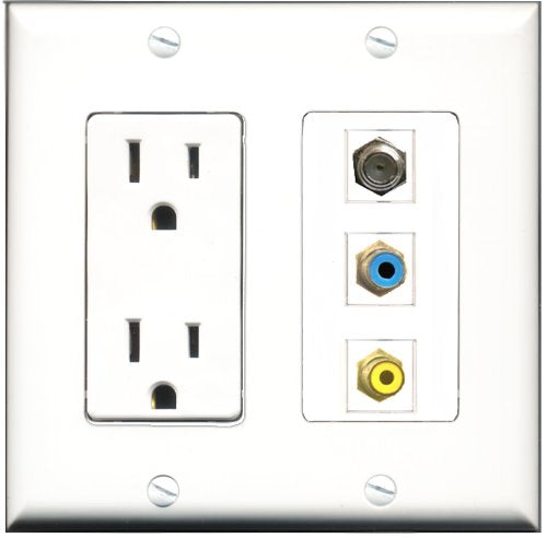 RiteAV - 15 Amp Power Outlet 1 Port RCA Yellow 1 Port RCA Blue 1 Port Coax Decorative Wall Plate