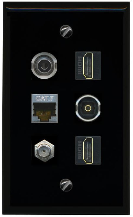 RiteAV 3.5mm CAT7 Coax 2 HDMI TOSLINK Flat/Solid Wall Plate [Black]
