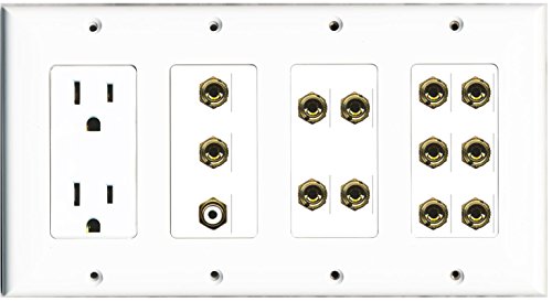 RiteAV - (4 Gang 15A Power Outlet RCA (White) 12 Banana (for 6 Speaker) Wall Plate White