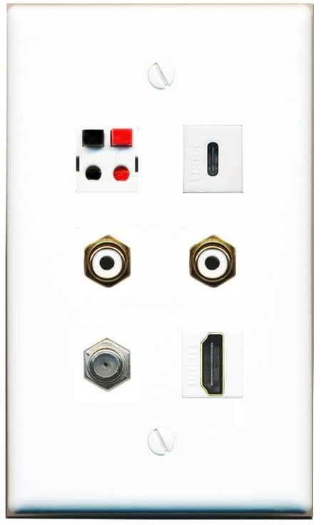 RiteAV Coax HDMI 2 RCA-White Speaker USBC Flat/Solid Wall Plate [White]