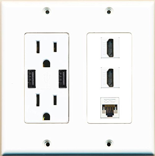 RiteAV 15 Amp 125V Power Outlet (2 Powered USB Charger Receptacle) 2 Hdmi Cat5e Wall Plate White