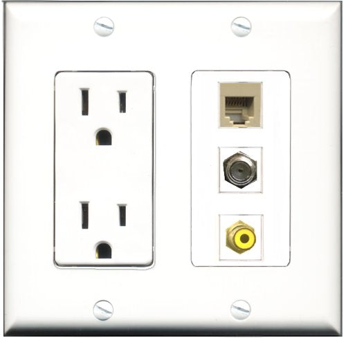 RiteAV - 15 Amp Power Outlet 1 Port RCA Yellow 1 Port Coax 1 Port Phone Beige Decorative Wall Plate