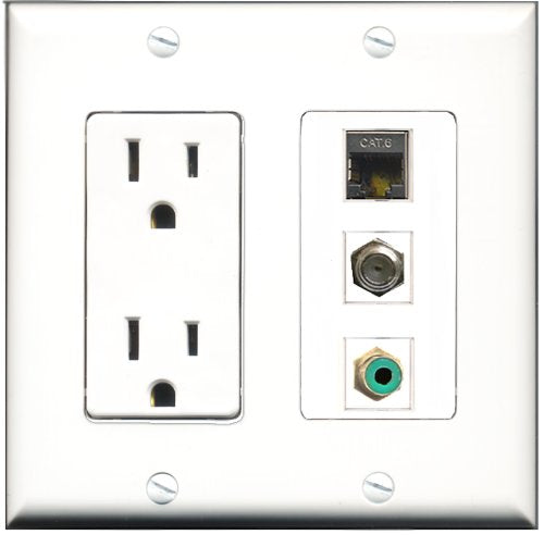 RiteAV - 15 Amp Power Outlet 1 Port RCA Green 1 Port Coax 1 Port Shielded Cat6 Ethernet Ethernet Decorative Wall Plate