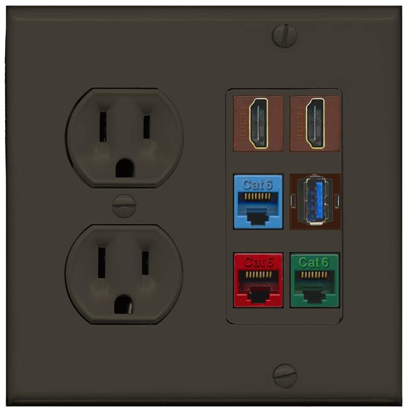 RiteAV 2 HDMI 3 Cat6 Ethernet USB3 Mixed Color Wall Plate - Round Outlet [Brown/Brown]