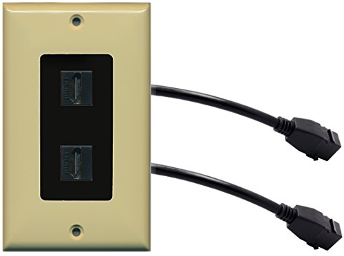 RiteAV (1 Gang Decorative) 2 HDMI Black Wall Plate w/Pigtail Extension Cable Ivory (Black Insert)