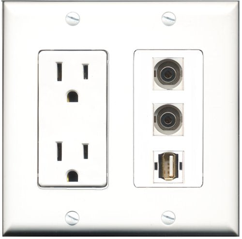 RiteAV - 15 Amp Power Outlet 1 Port USB A-A 2 Port 3.5mm Decorative Wall Plate