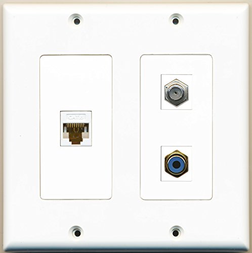 RiteAV - 1 Port RCA Blue 1 Port Coax Cable TV- F-Type 1 Port Cat6 Ethernet White - 2 Gang Wall Plate