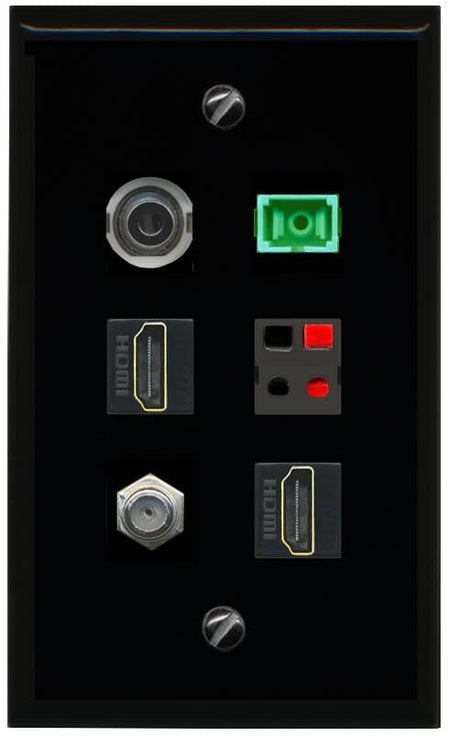 RiteAV 3.5mm COAX 2 HDMI SC APC Simplex Fiber SPEAKER Flat/Solid Wall Plate [Black]