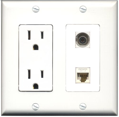 RiteAV - 15 Amp Power Outlet and 1 Port 3.5mm and 1 Port Cat6 Ethernet White Decorative Type Wall Plate White