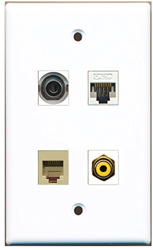 RiteAV - 1 Port RCA Yellow 1 Port Phone RJ11 RJ12 Beige 1 Port 3.5mm 1 Port Cat5e Ethernet White Wall Plate