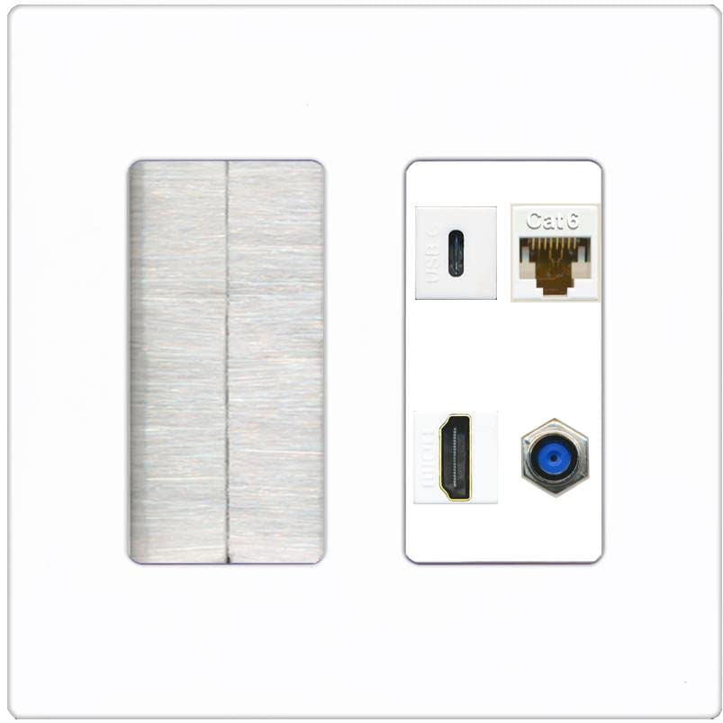 RiteAV USBC HDMI Cat6 Coax F81 Wall Plate - Brush [Screwless White]