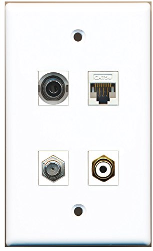 RiteAV - 1 Port RCA White 1 Port Coax Cable TV- F-Type 1 Port 3.5mm 1 Port Cat5e Ethernet White Wall Plate
