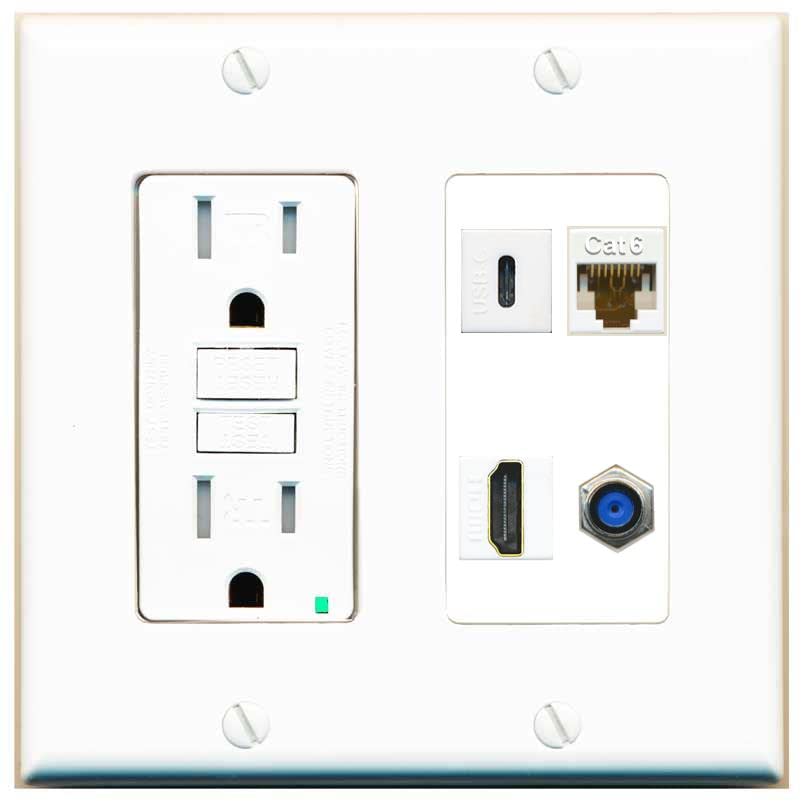 RiteAV USBC HDMI Cat6 Coax F81 Wall Plate - GFCI [White/White]