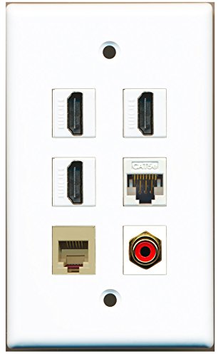 RiteAV - 3 HDMI 1 Port RCA Red 1 Port Phone RJ11 RJ12 Beige 1 Port Cat5e Ethernet White Wall Plate