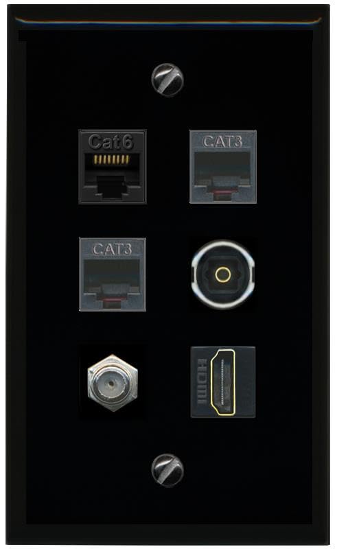 RiteAV CAT6 Coax HDMI 2 Phone TOSLINK Flat/Solid Wall Plate [Black]