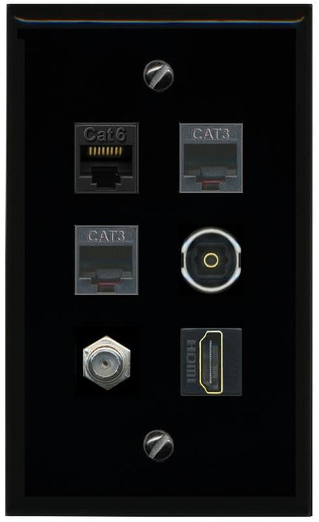 RiteAV CAT6 Coax HDMI 2 Phone TOSLINK Flat/Solid Wall Plate [Black]