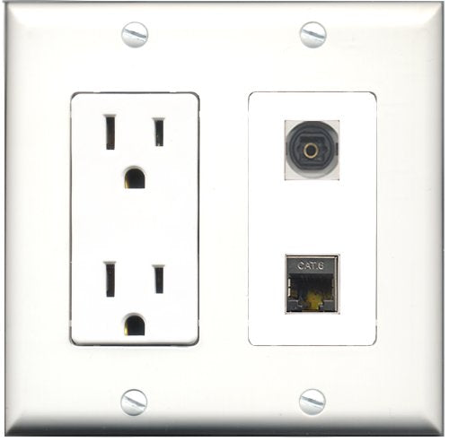 RiteAV - 15 Amp Power Outlet and 1 Port Shielded Cat6 Ethernet and 1 Port Toslink Decorative Type Wall Plate White