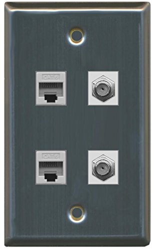 RiteAV - 2 Port Coax Cable TV- F-Type 2 Port Cat6 Ethernet Wall Plate - Stainless Steel/Gray
