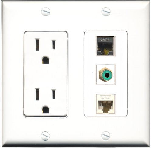 RiteAV - 15 Amp Power Outlet 1 Port RCA Green 1 Port Shielded Cat6 Ethernet Ethernet 1 Port Cat6 Ethernet Ethernet White Decorative Wall Plate